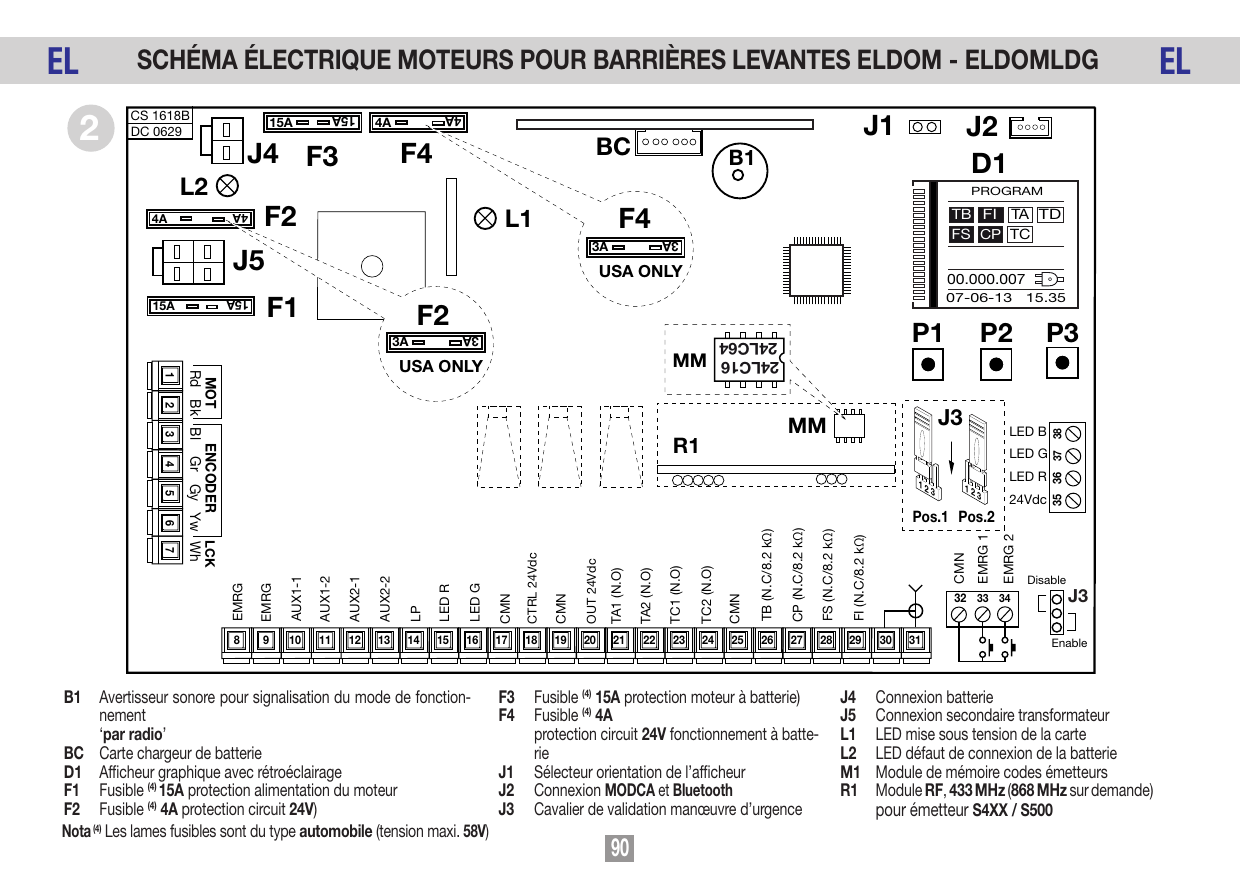 Schéma électrique de la carte pour barrières levantes (série EL) avec identification des composants et bornier