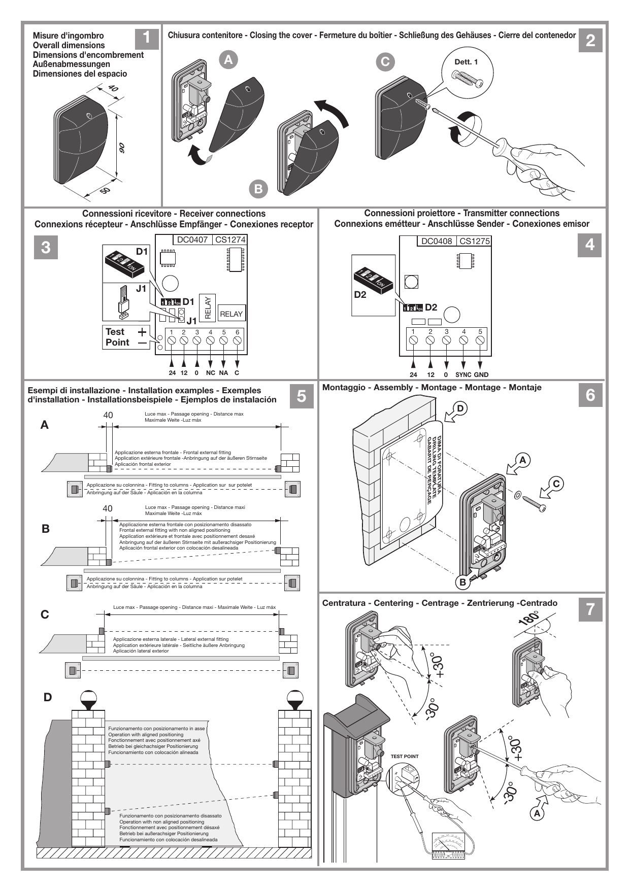Fig. 1 – Misure d'ingombro (40 × 50 × 90 mm). Fig. 2 – Chiusura/apertura del contenitore (dett. 1, viti del vetrino).
