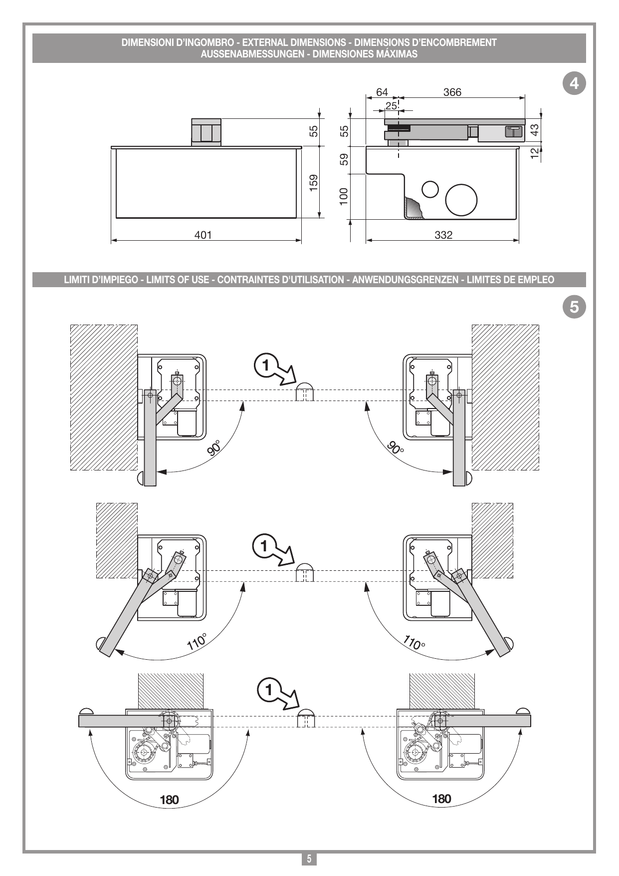 Dimensions d'encombrement du caisson : 401 × 332 mm, hauteurs 159 / 55 / 59 / 100 mm, cotes 64 / 366 / 25 / 43 / 12 mm