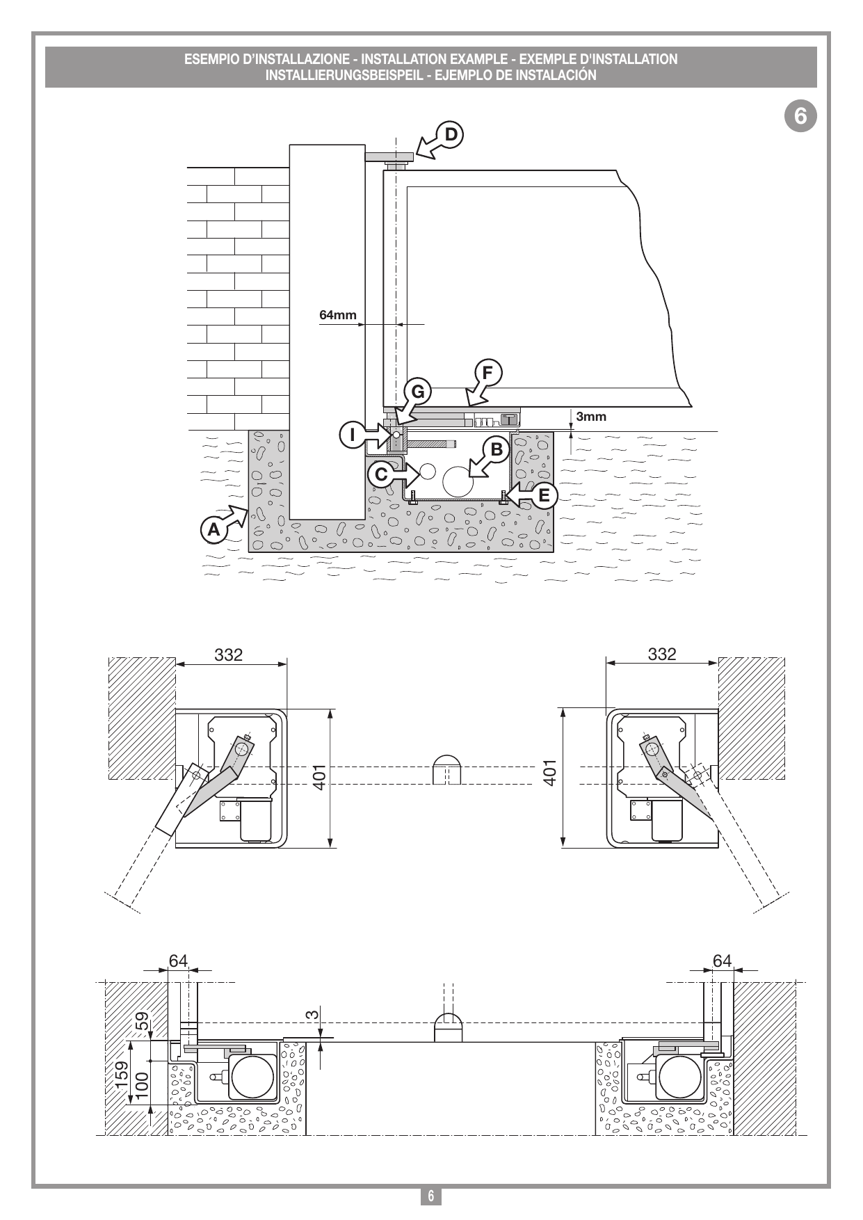 Exemple d'installation : coupe du caisson scellé dans la fondation, débord supérieur 3 mm, distance 64 mm, cotes 332/401/59/100/159 mm