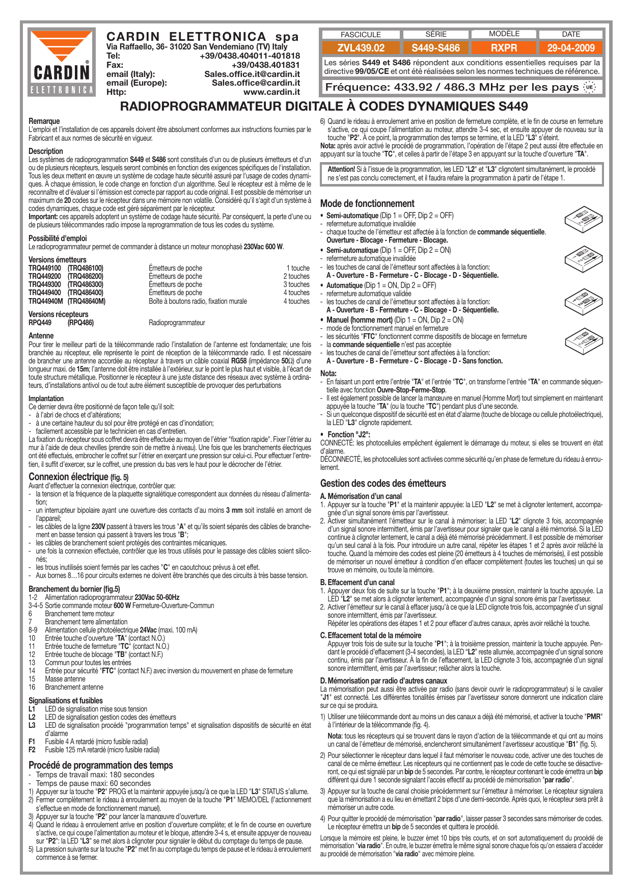 Schéma de connexion électrique du radioprogrammateur (fig. 5) : bornier, fusibles F1/F2, cavaliers J1/J2, boutons P1/P2, dip-switch S1, buzzer B1