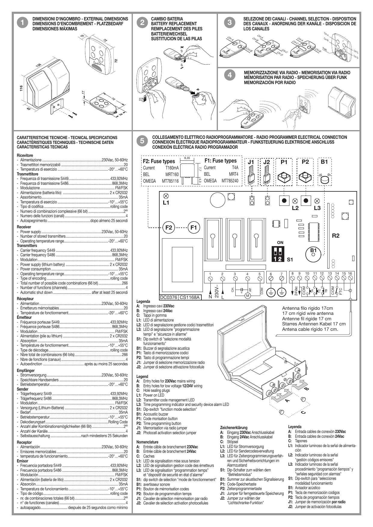 Dimensions d'encombrement du boîtier récepteur (116 × 138 × 45 mm) et de l'émetteur (72 × 34 × 11 mm)