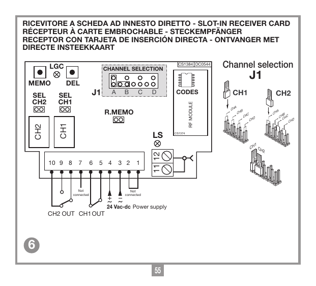 Schéma du récepteur à carte embrochable : bornier 10 voies, alimentation 24 Vac-dc, sorties CH1 OUT et CH2 OUT, channel selection J1 (CH1, CH2), boutons MEMO/DEL, cavaliers SEL CH1/SEL CH2 et R.MEMO, module CODES