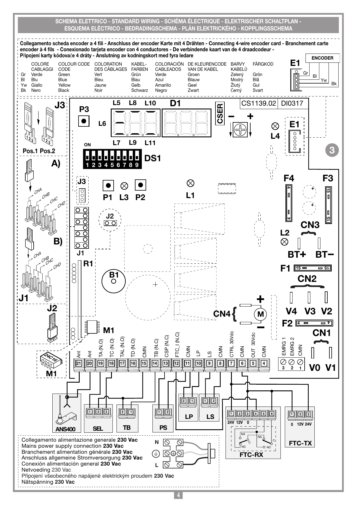 Schéma électrique standard de la carte de commande PRG860 et branchement de l'alimentation générale 230 Vac