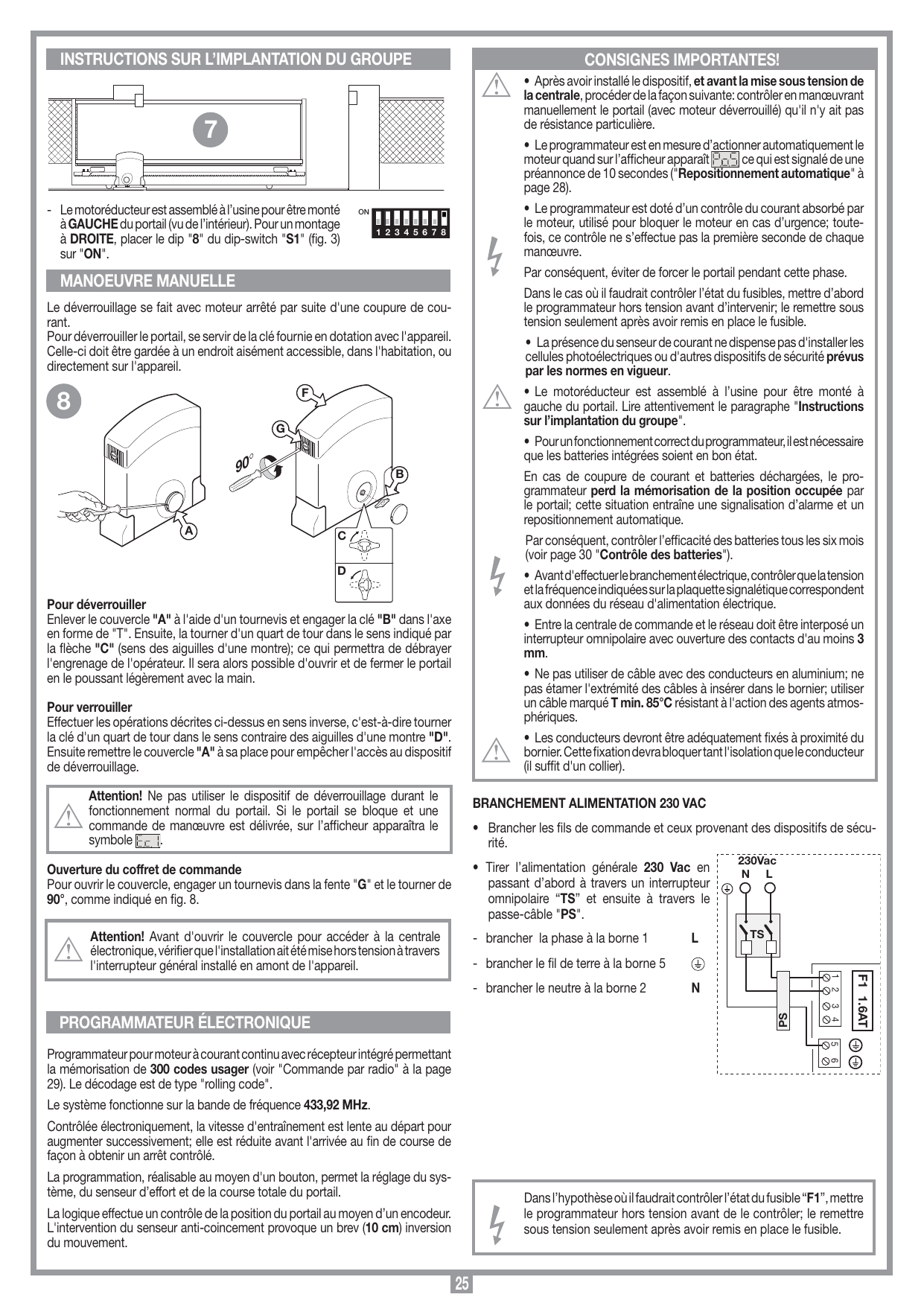 Positionnement du motoréducteur et configuration du dip-switch selon le côté de montage