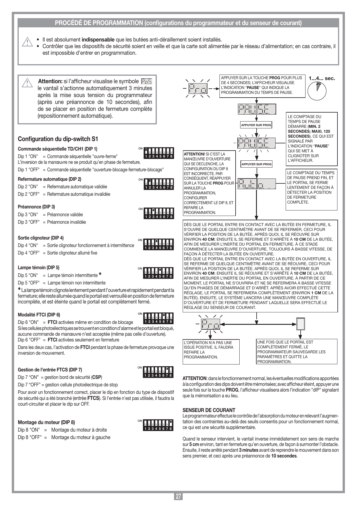 Organigramme de la procédure de programmation du temps de pause et de la course du portail