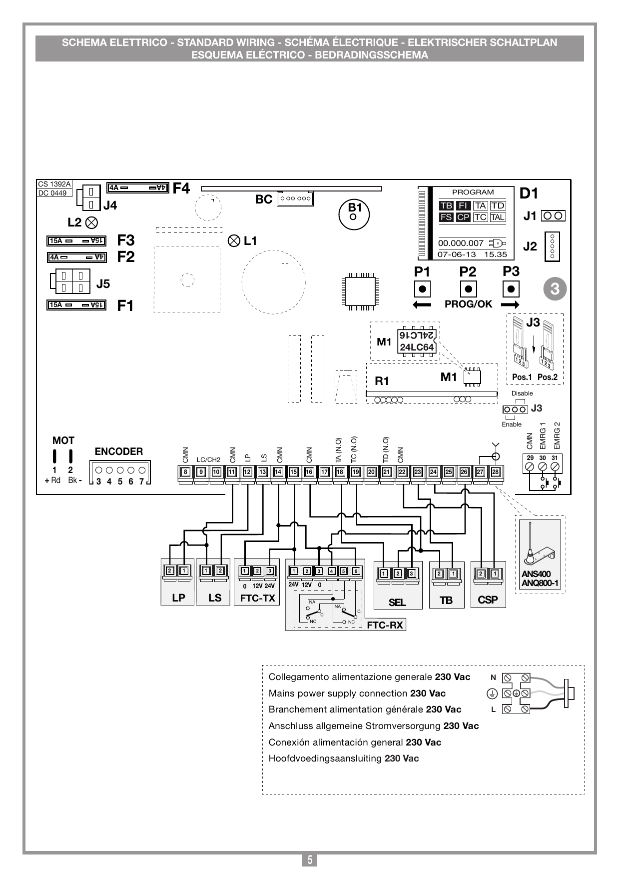 Schéma de câblage de la centrale 1 moteur CC avec encodeur : borniers, fusibles, connexions accessoires et alimentation générale 230 Vac