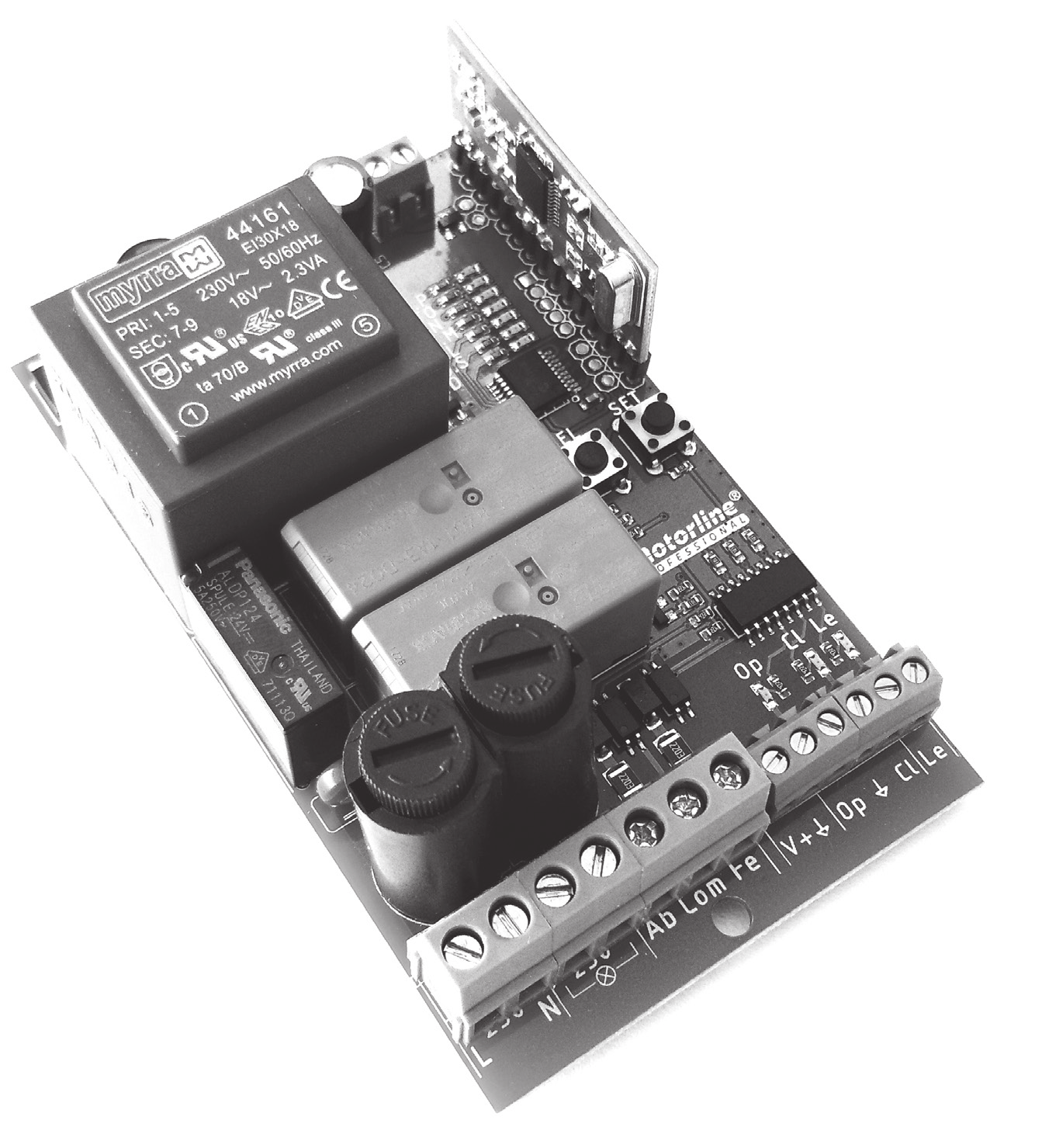 Centrale MC75 Motorline Professional, carte électronique avec transformateur, relais, fusibles et borniers de connexion