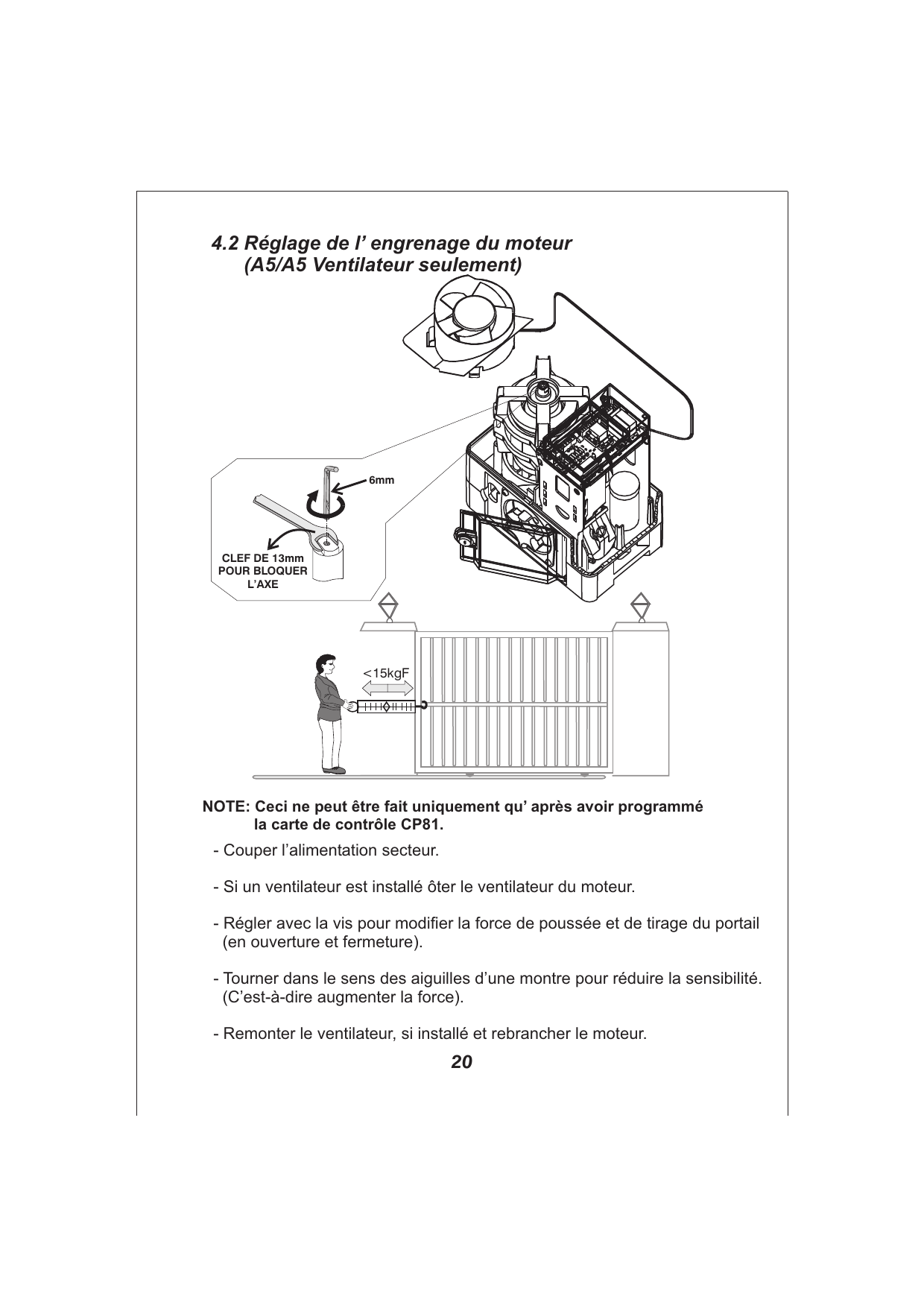 Réglage de l'engrenage du moteur A5 : clef Allen 6 mm, clef de 13 mm pour bloquer l'axe, mesure de l'effort <15 kgF au tirage du portail