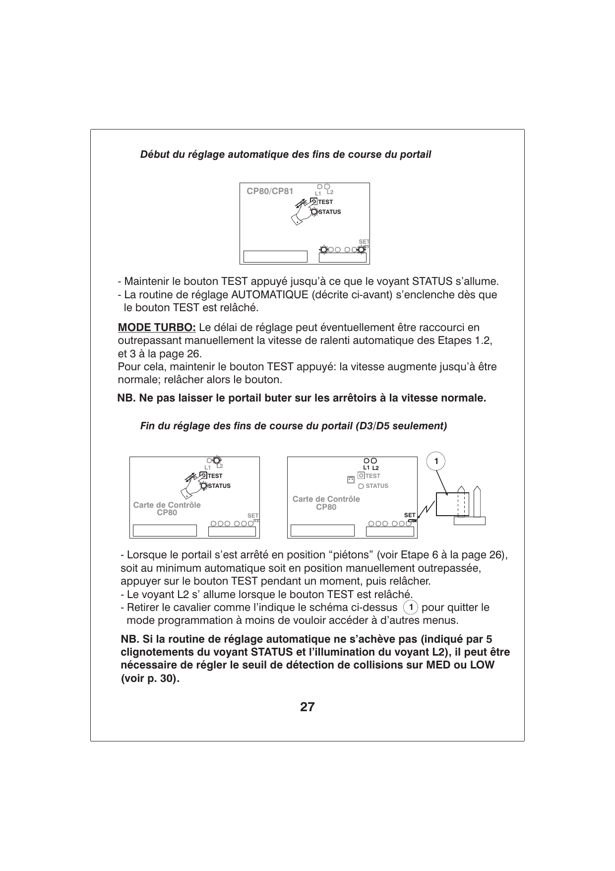 Carte CP80/CP81 : appui sur le bouton TEST jusqu'à allumage du voyant STATUS