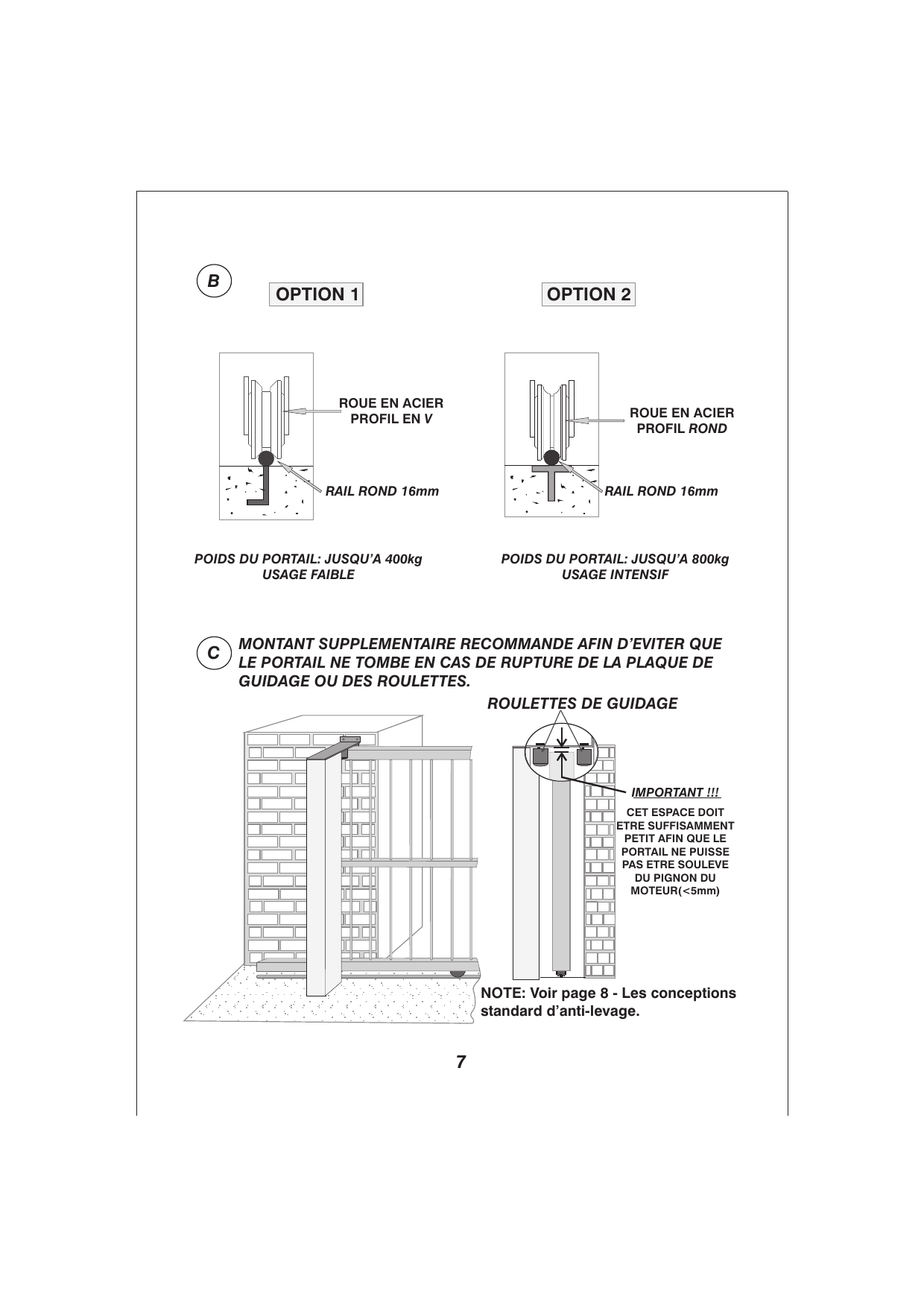 Options de roue de guidage : Option 1 (roue en acier profil en V, rail rond 16 mm, portail jusqu'à 400 kg, usage faible) et Option 2 (roue en acier profil rond, rail rond 16 mm, portail jusqu'à 800 kg, usage intensif), avec roulettes de guidage