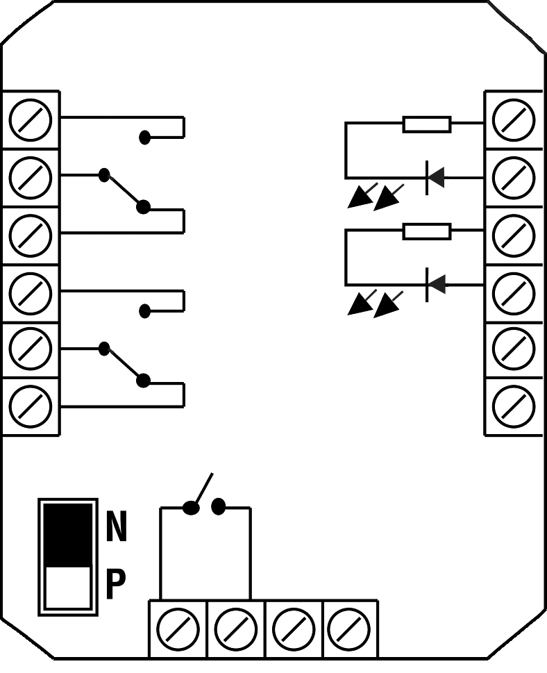Schéma de raccordement interne du clavier : borniers Sortie 1 et Sortie 2 (NO/C/NF), témoins vert et rouge, alimentation 12-24 V CA/CC, cavalier de programmation N/P et bouton poussoir