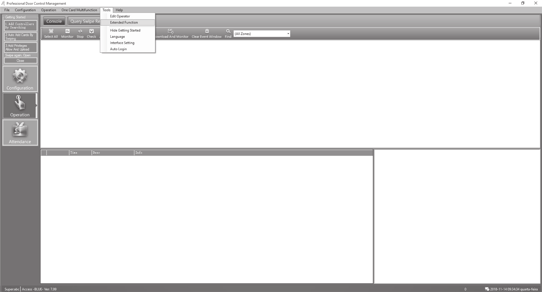 Menu Tools du logiciel Professional Door Control Management avec l'option Extended Function