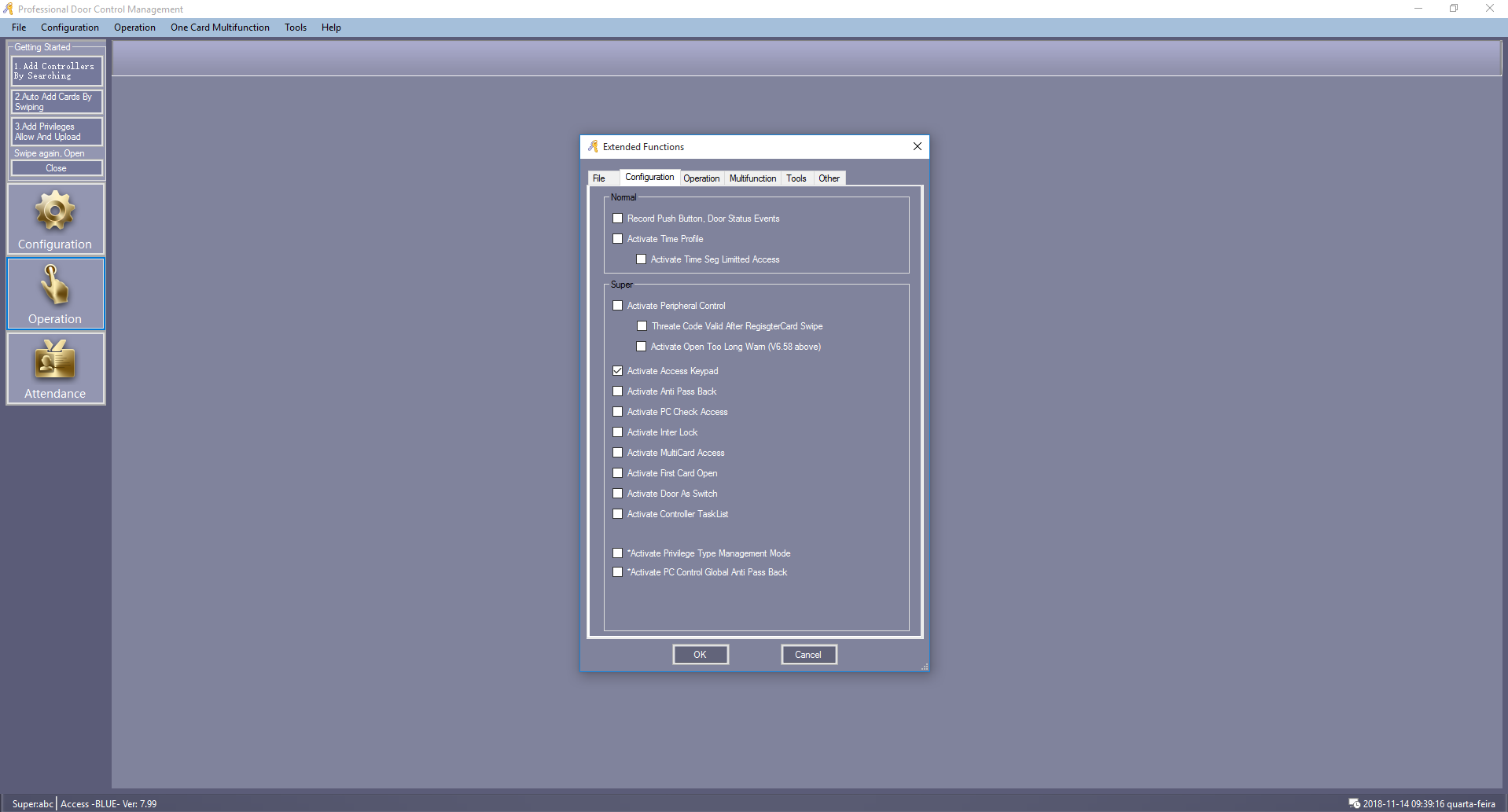 Fenêtre Extended Functions avec l'option Activate Access Keypad cochée