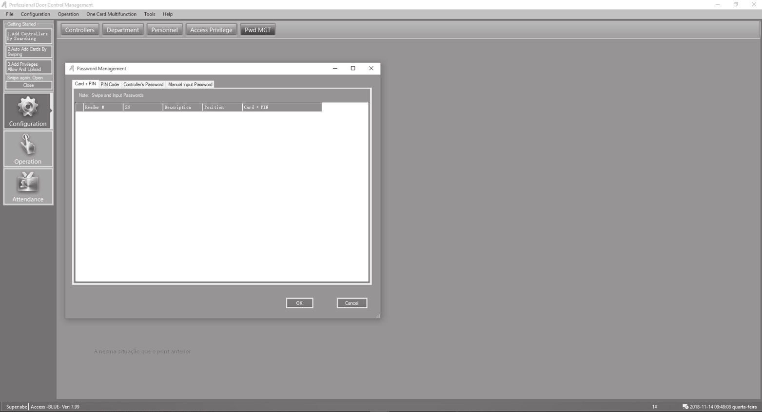 Fenêtre Password Management avec les onglets Card + PIN, PIN Code, Controller's Password, Manual Input Password