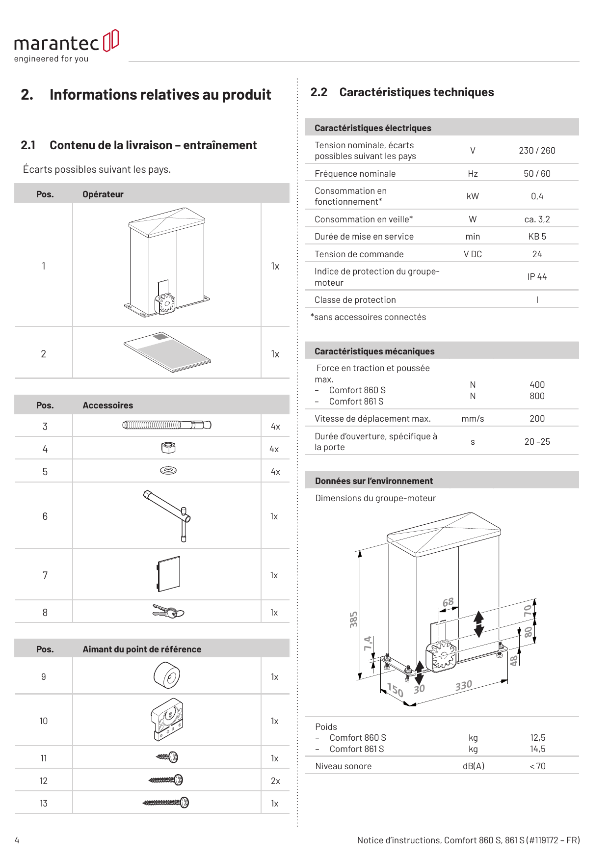 Dimensions du groupe-moteur (mm) : 150, 330, 385, 7,4, 68, 70, 80, 48, 30