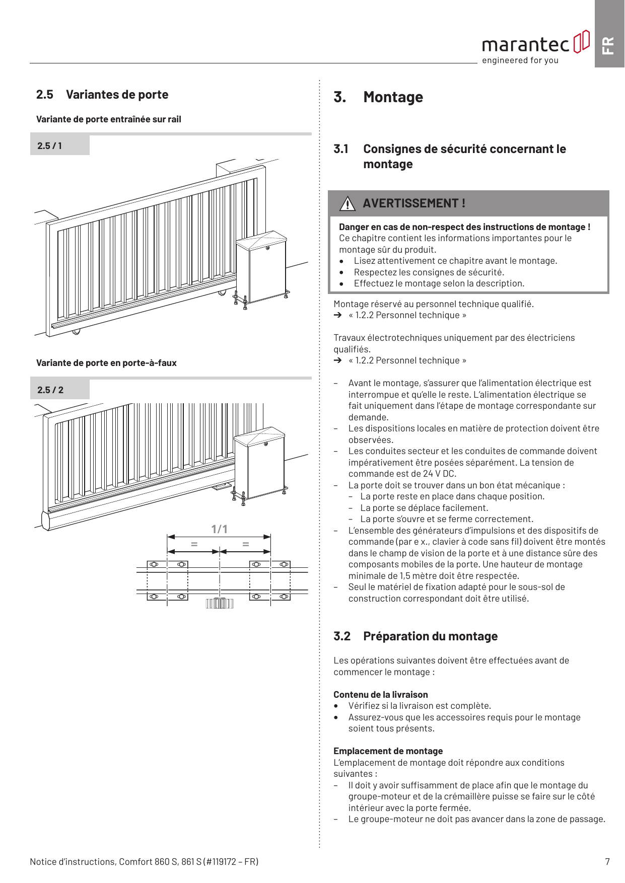 Variante de porte entraînée sur rail (2.5 / 1) et variante de porte en porte-à-faux (2.5 / 2)