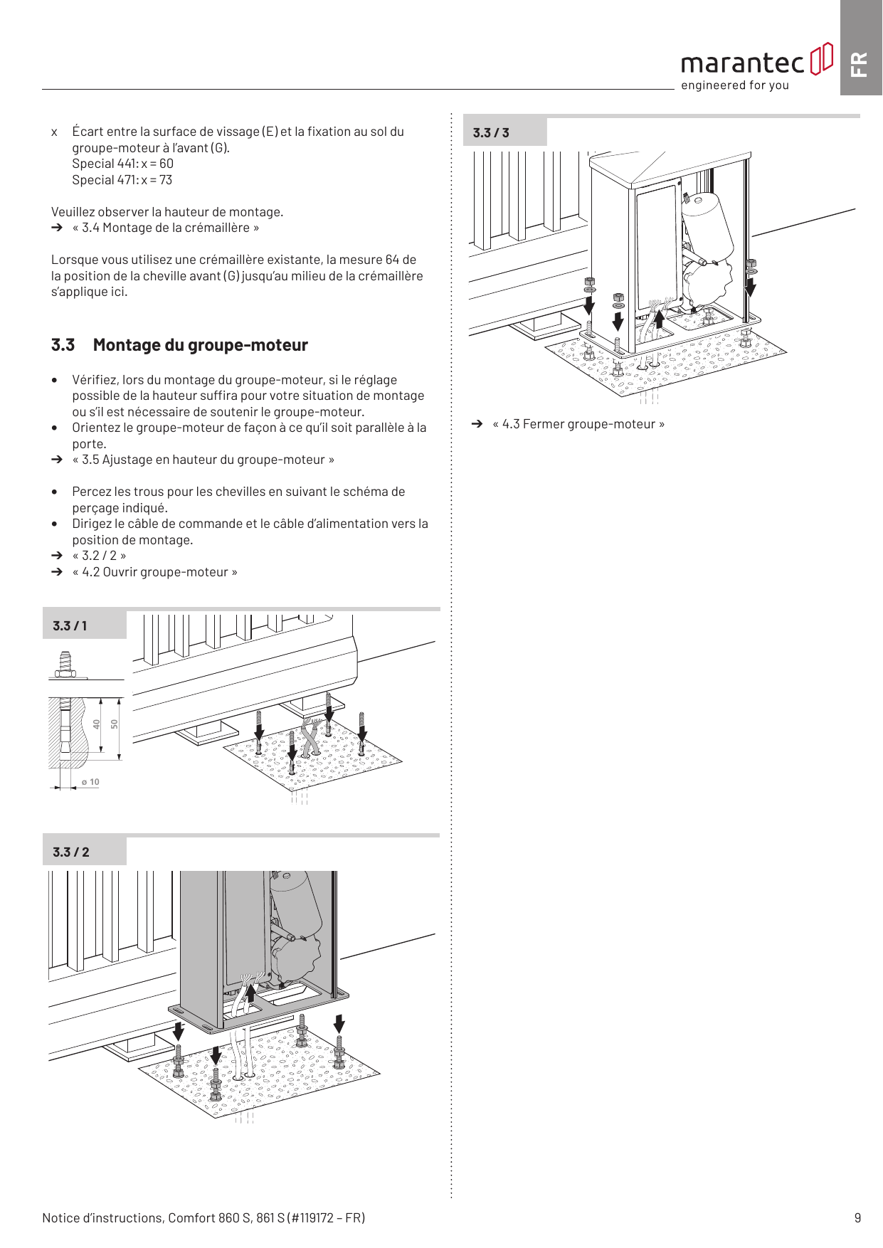 Étapes de fixation du groupe-moteur au sol (3.3 / 1 à 3.3 / 3) – perçage Ø 10, profondeur 40/50 mm