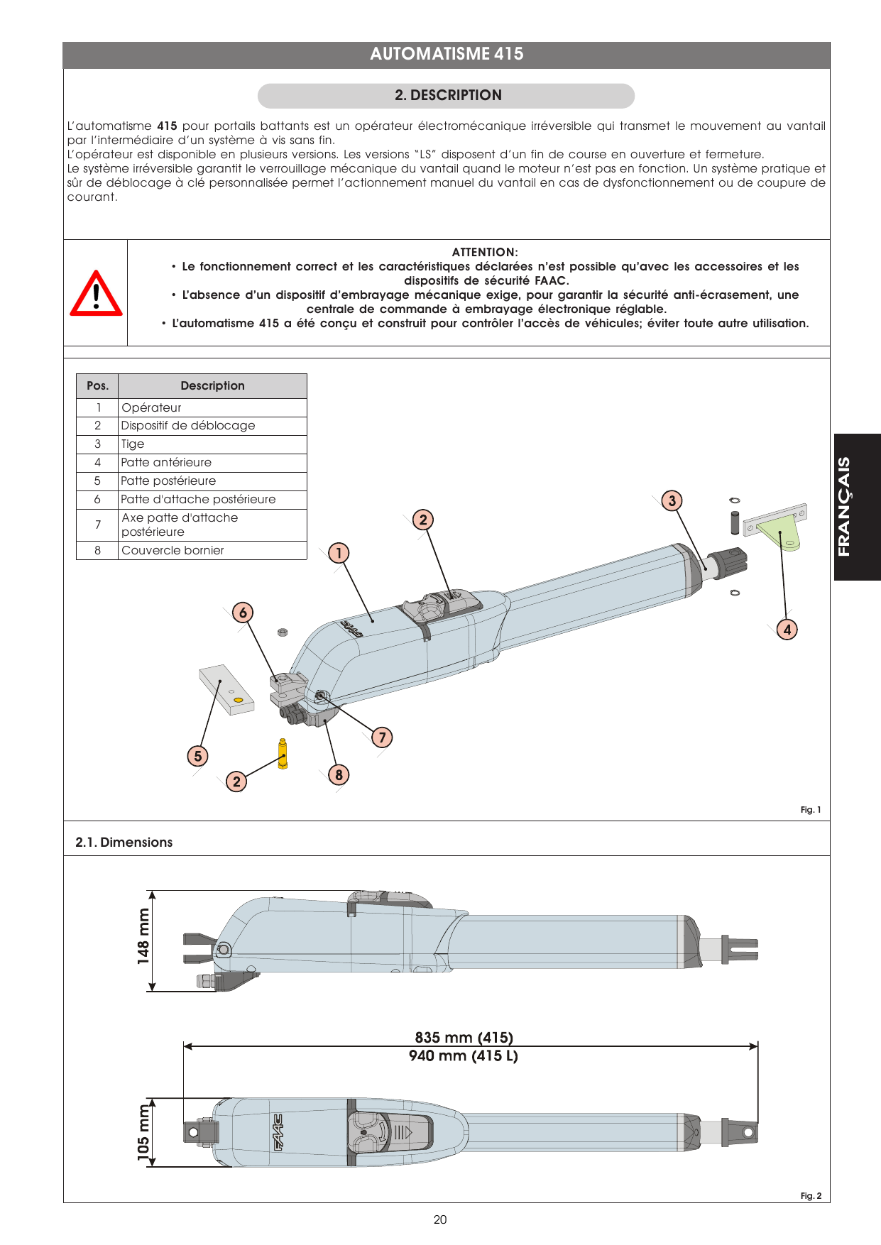 Fig. 1 – Vue éclatée de l'opérateur 415 et de ses composants