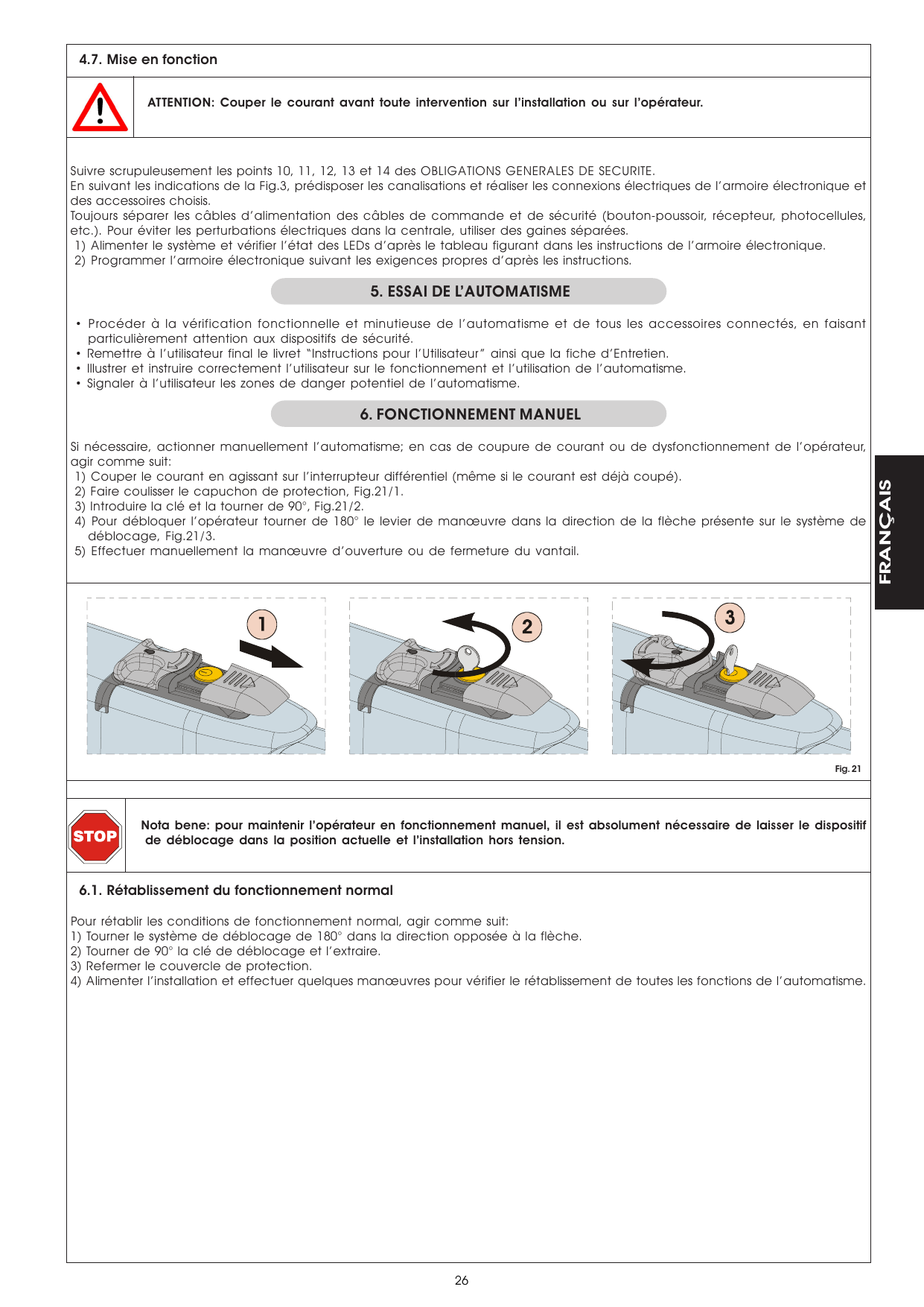 Fig. 21 – Opérations de déblocage manuel de l'opérateur