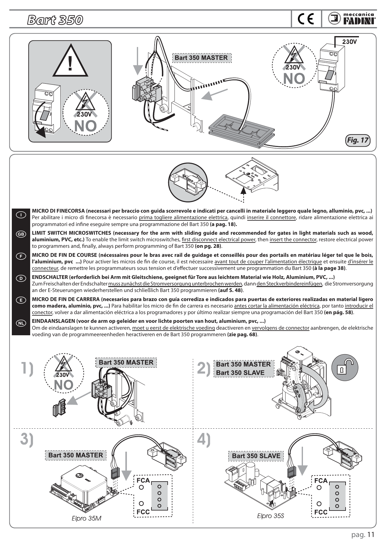 Insertion du connecteur des fins de course sur Elpro 35M (Master) et Elpro 35S (Slave) — bornes FCA et FCC (fig.17)