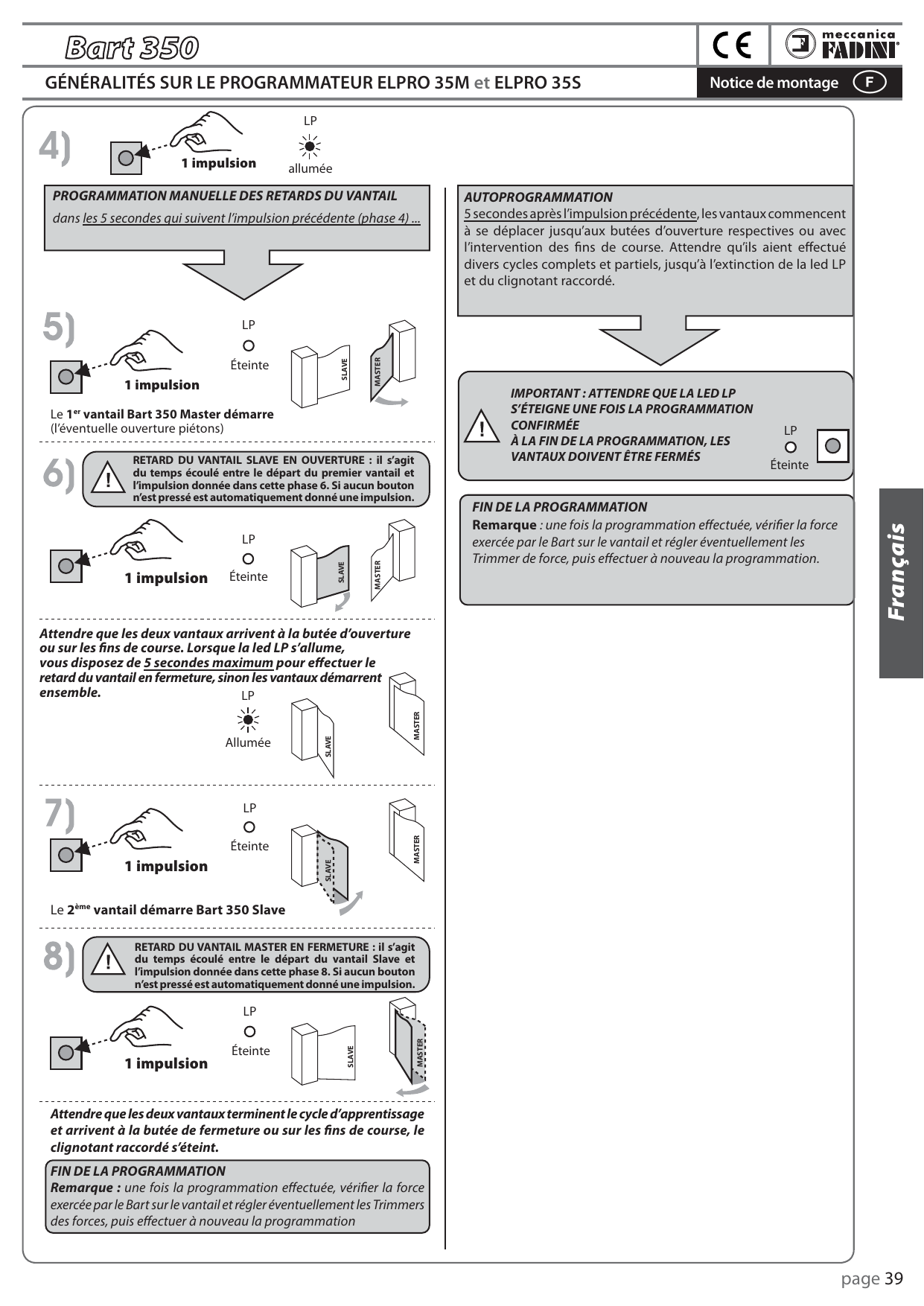 Schémas des phases de programmation manuelle (4 à 8) et d'auto-programmation avec état de la led LP