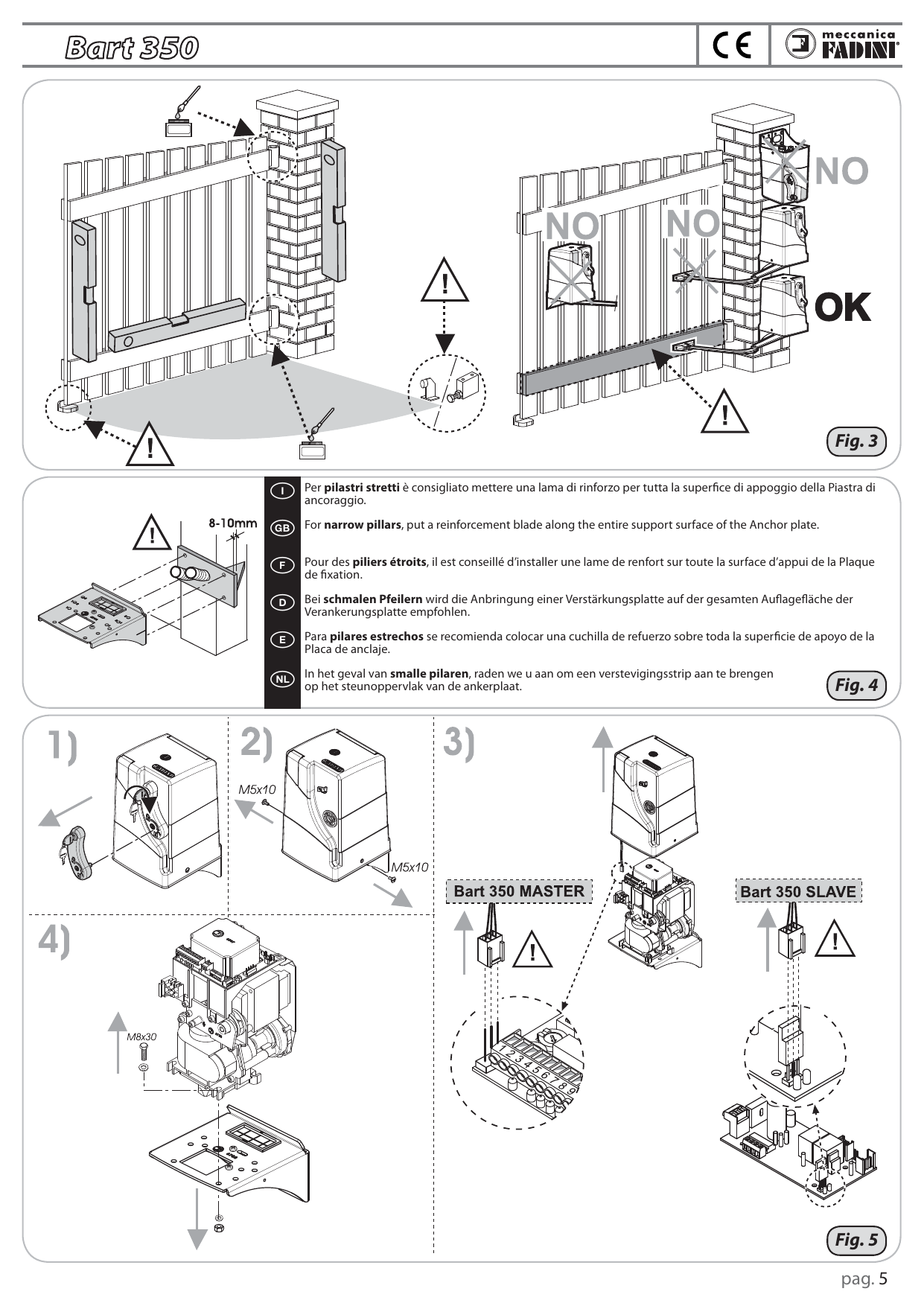 Positions correctes et incorrectes de fixation du Bart 350 sur le pilier (OK / NO)