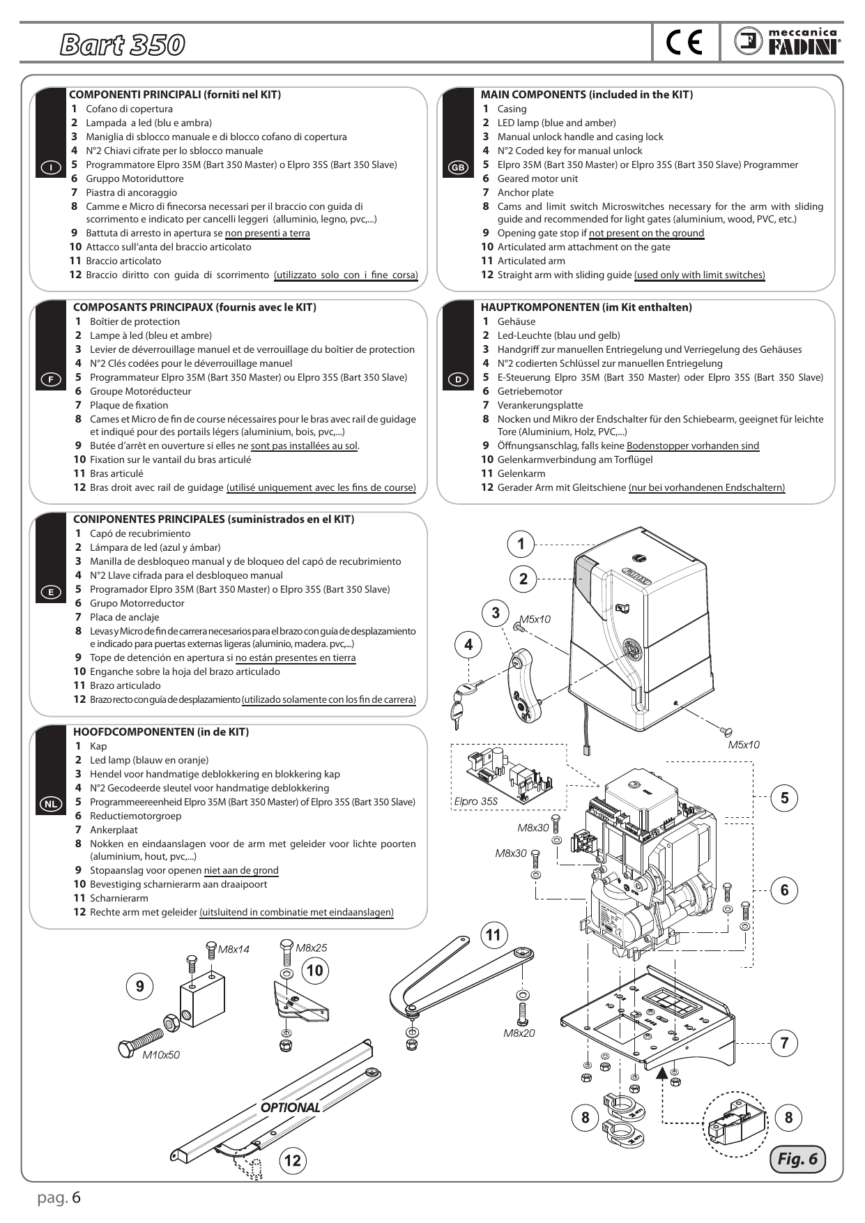 Vue éclatée des composants principaux du kit avec visserie (M5x10, M8x14, M8x20, M8x25, M8x30, M10x50)