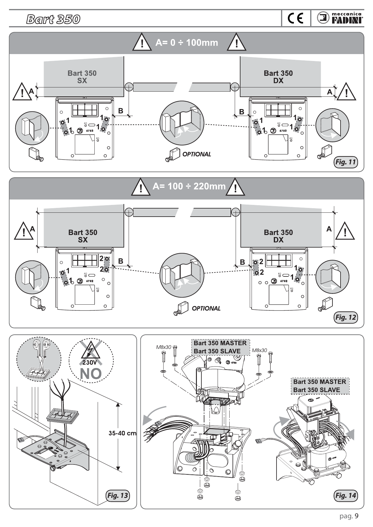 Positions des cames selon A = 0 ÷ 100mm (fig.11) et A = 100 ÷ 220mm (fig.12), Bart 350 SX et DX