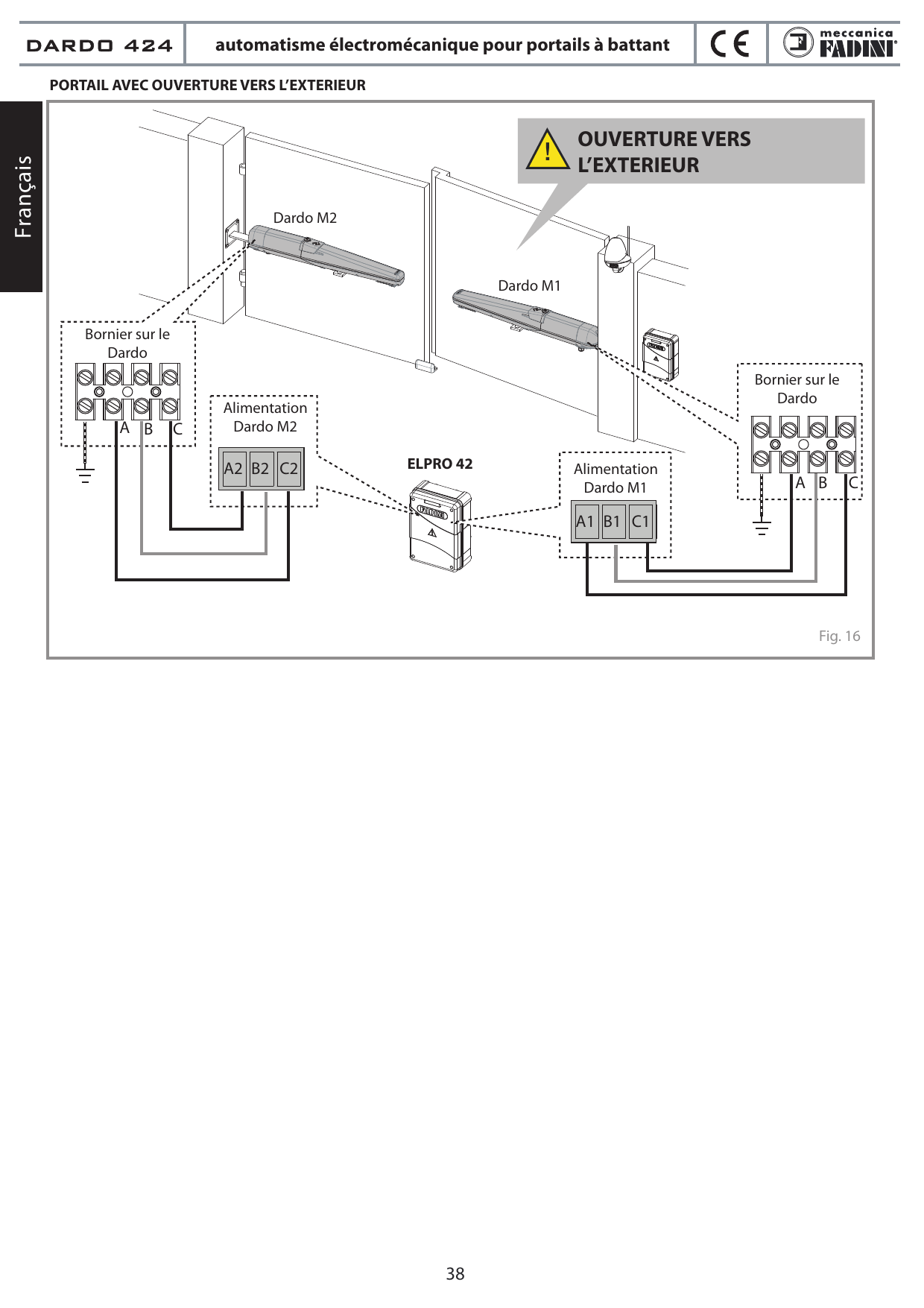 Fig. 16 — Schéma de raccordement pour portail avec ouverture vers l'extérieur : borniers Dardo M1 et M2 reliés au programmateur ELPRO 42 (alimentation Dardo M1 : A1 B1 C1 ; Dardo M2 : A2 B2 C2)