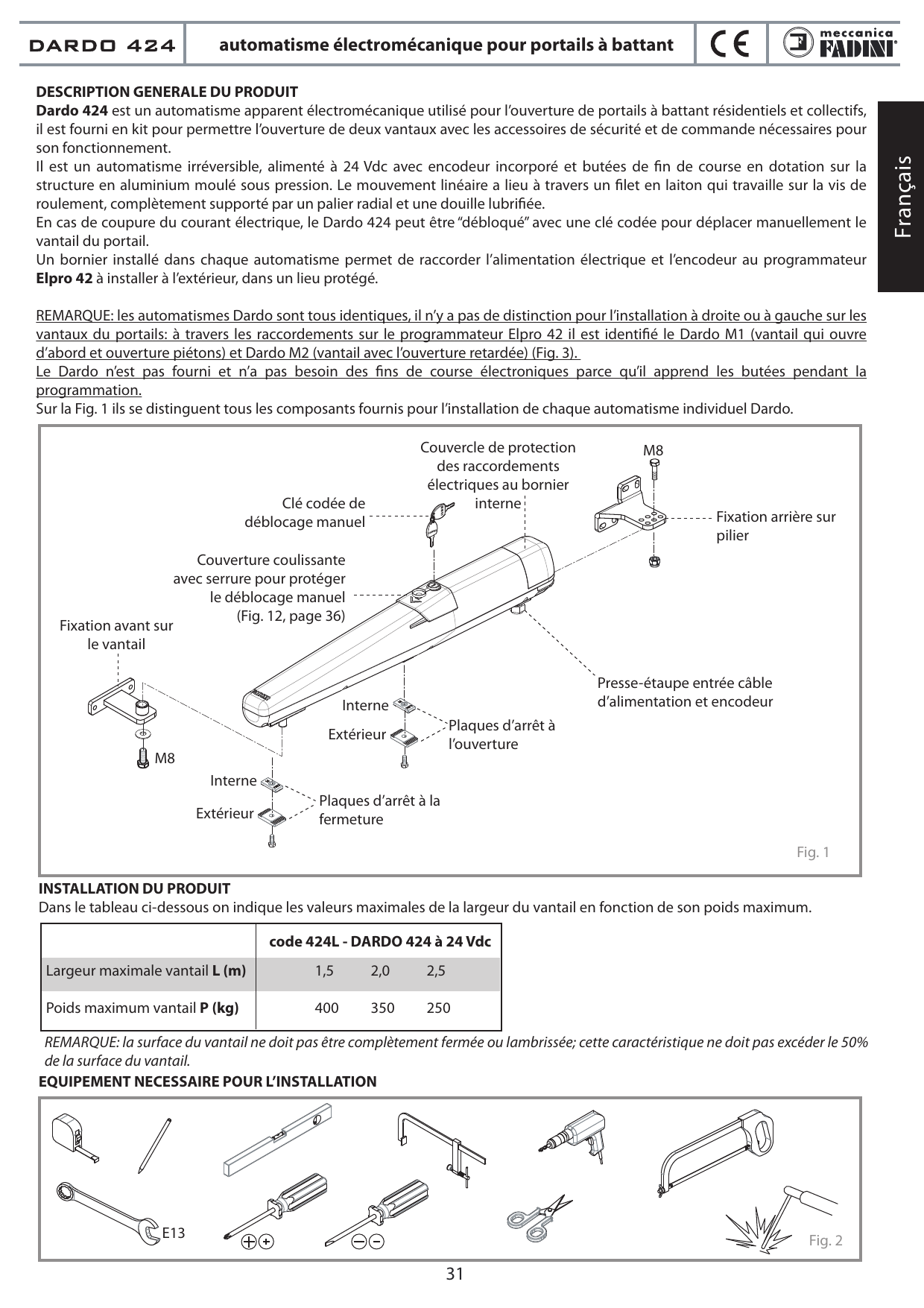 Fig. 1 — Composants fournis pour l'installation de chaque automatisme Dardo : fixation avant sur le vantail, fixation arrière sur pilier, plaques d'arrêt à l'ouverture et à la fermeture, clé codée de déblocage manuel, couverture coulissante avec serrure, couvercle de protection des raccordements électriques, presse-étoupe entrée câble d'alimentation et encodeur