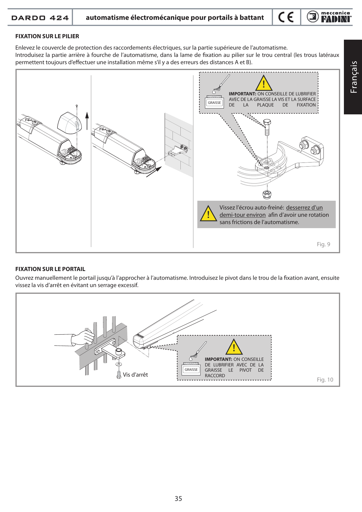 Fig. 9 — Fixation sur le pilier : introduction de la fourche arrière dans la lame de fixation et vissage de l'écrou auto-freiné
