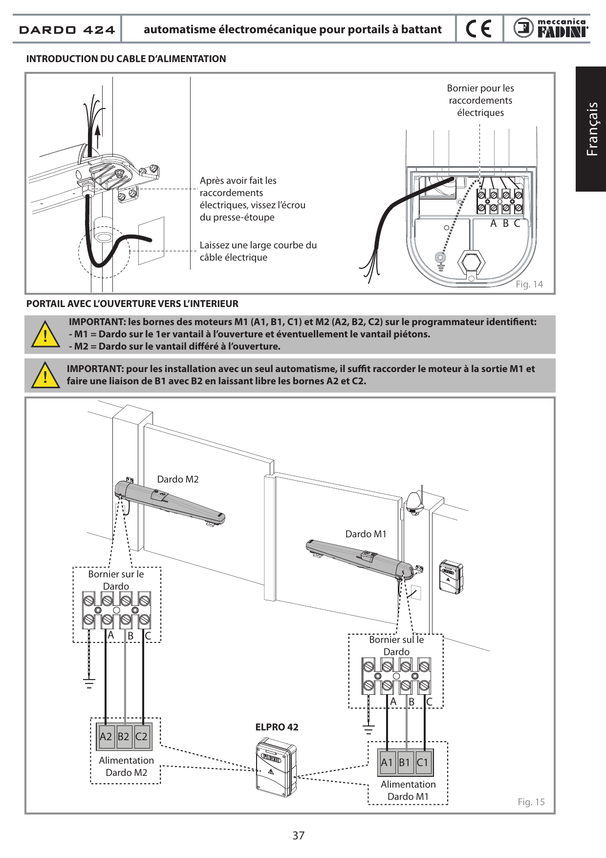 Fig. 14 — Introduction du câble d'alimentation et bornier pour les raccordements électriques (bornes A B C)