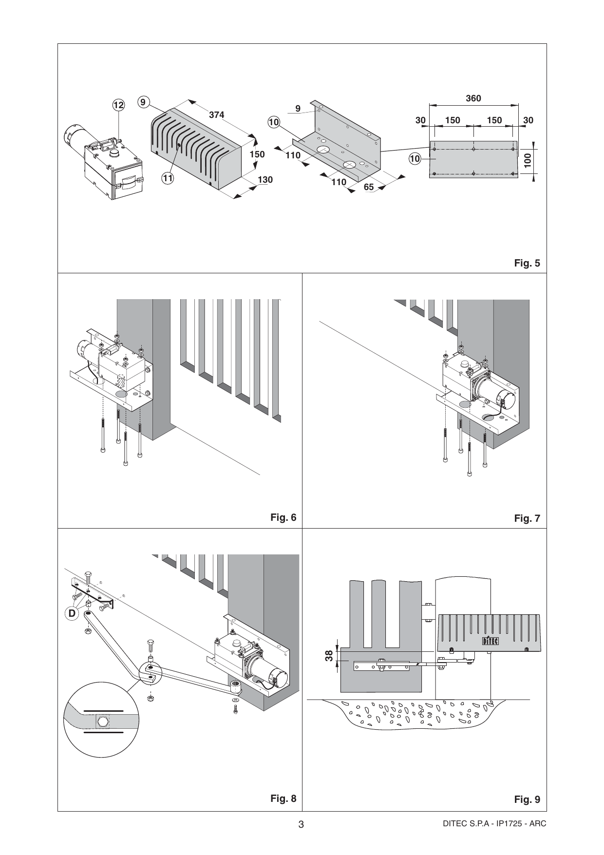 Fig. 5 - Dimensions du motoréducteur : couvercle [9] 374×150×130, arbre de déblocage [12], gabarits [11], plaque de fixation [10] (cotes ∅9, 110, 65, 360, 150, 100, 30)