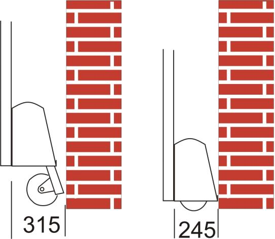 Encombrement de la roue de commande derrière le vantail : 315 mm au point le plus bas, 245 mm au point le plus haut