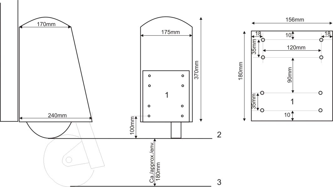 Cotes de montage de la plaque : largeurs 170/175/240 mm, hauteur 370 mm, entraxes 120/90 mm, hauteurs 100/180 mm