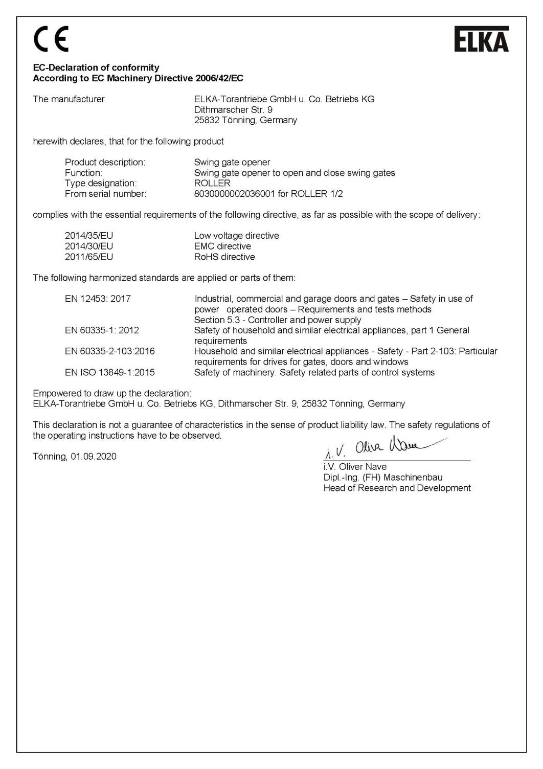 Déclaration de conformité CE selon la directive Machines 2006/42/CE pour l'ouvre-portail ROLLER