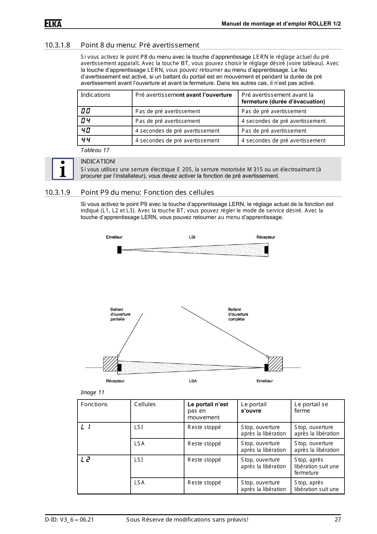 Schéma de positionnement des cellules LSI (intérieur) et LSA (extérieur) sur le portail à deux battants