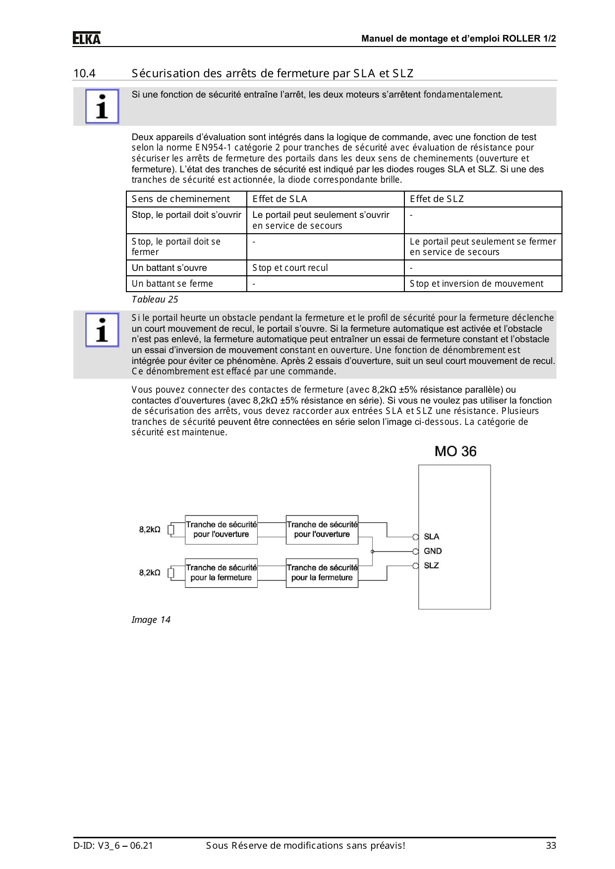 Raccordement en série des tranches de sécurité pour l'ouverture (SLA) et la fermeture (SLZ) avec résistance 8,2 kΩ