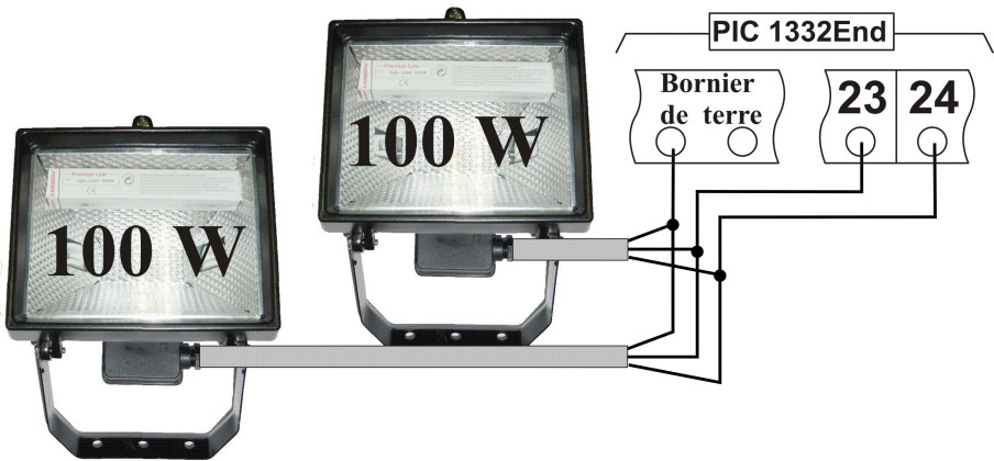 Raccordement de deux projecteurs halogènes 100W à la sortie éclairage de zone bornes 23 et 24 et au bornier de terre