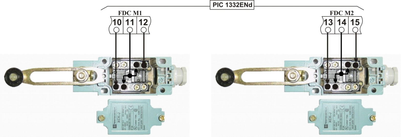 Raccordement de deux fins de course à levier double effet sur les borniers FDC M1 (10-11-12) et FDC M2 (13-14-15)