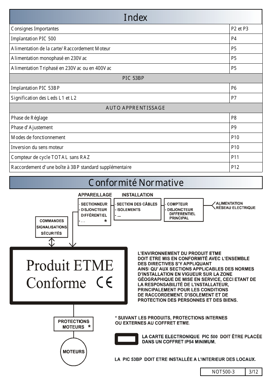 Schéma de l'environnement normatif du produit ETME : appareillage (sectionneur, disjoncteur différentiel), installation (section des câbles, isolements), compteur et disjoncteur différentiel principal, alimentation réseau électrique, protections moteurs et raccordement aux moteurs.