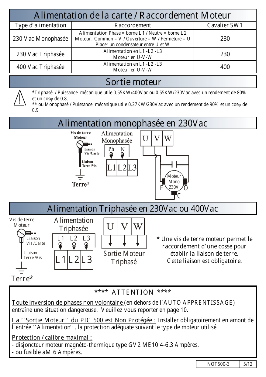 Schéma de raccordement en alimentation monophasée 230Vac : alimentation Ph/N sur L1/L2, moteur monophasé 230V (bornes F, O, C) sur U-V-W avec condensateur, vis de terre moteur et liaison de terre.