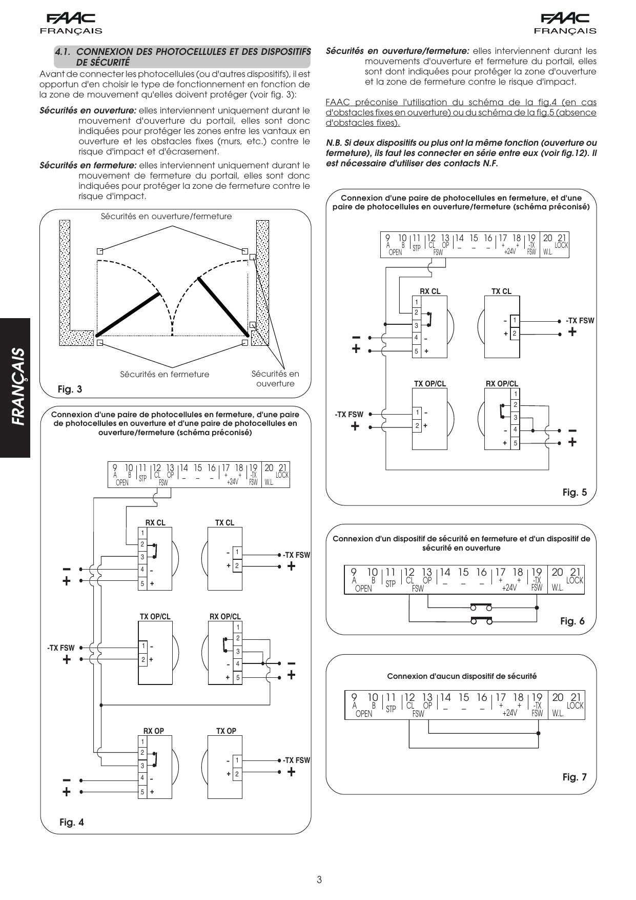 Fig. 3 — Zones de protection : sécurités en ouverture, en fermeture et en ouverture/fermeture