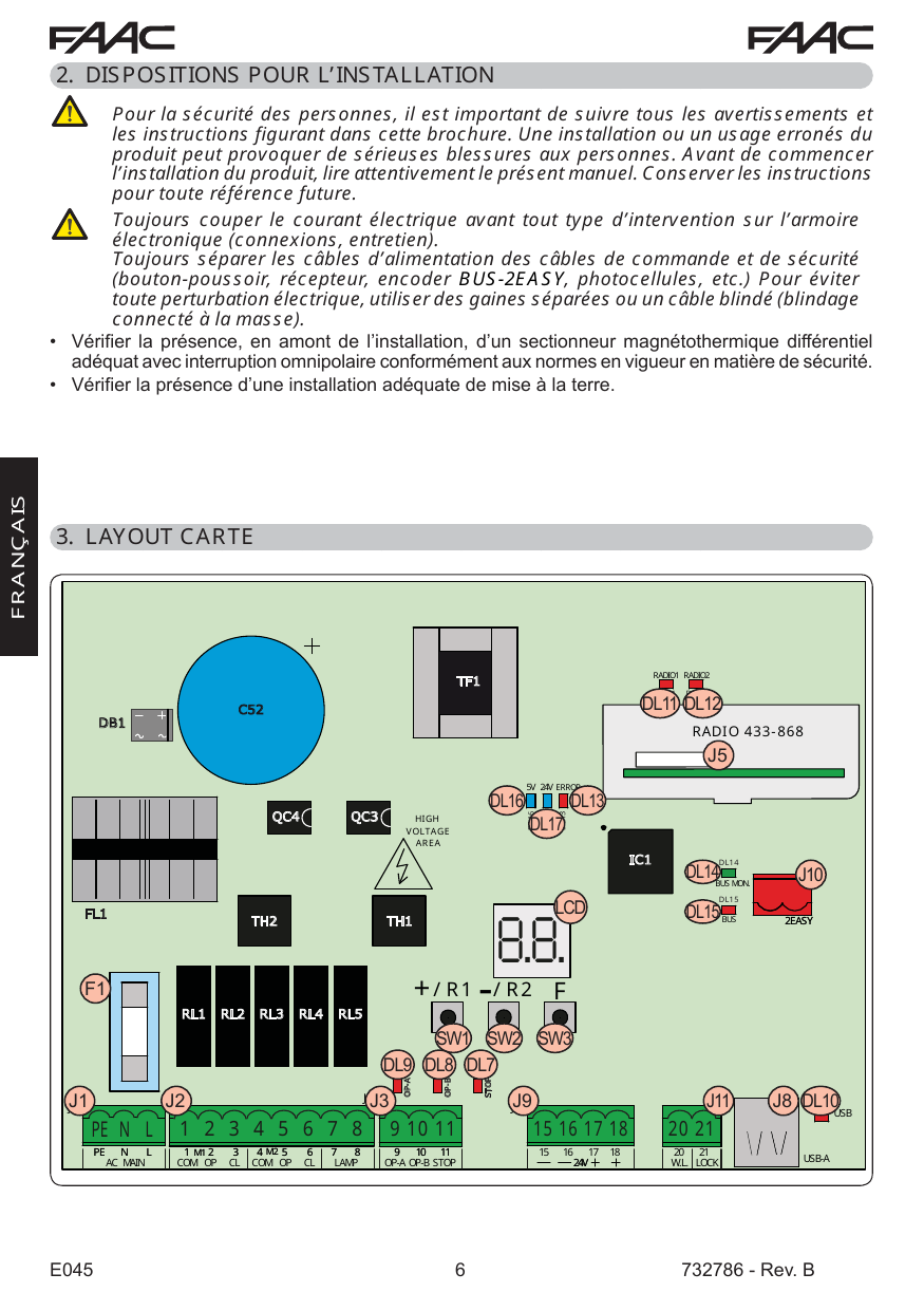 Schéma d'implantation de la carte E045 : connecteurs J1 à J11, boutons SW1-SW3, LEDs DL7-DL17, afficheur LCD, fusible F1, connecteur radio J5