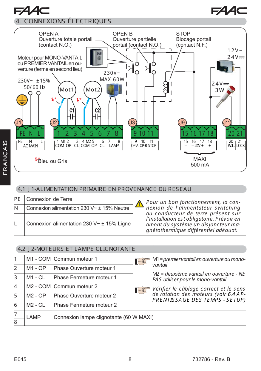 Schéma de câblage : OPEN A (contact N.O.), OPEN B (contact N.O.), STOP (contact N.F.), moteurs Mot1/Mot2, lampe clignotante 230V~ MAX 60W, électroserrure 12V~/24V⎓, lampe témoin 24V⎓ 3W