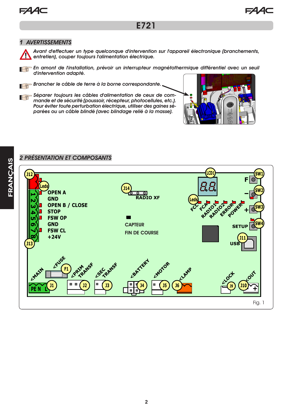 Schéma de la carte E721 : implantation des connecteurs (J1 à J14), poussoirs (SW1-SW4), écran LCD1, leds et bornier