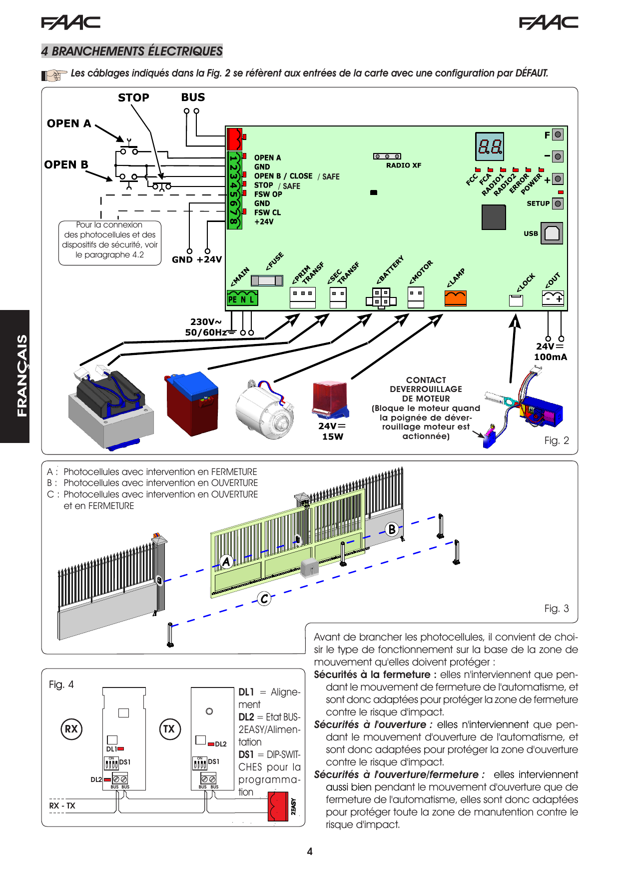 Fig. 2 – Schéma général des branchements électriques (alimentation 230 V~, batterie, moteur, clignotant, OUT 24 V= 100 mA)
