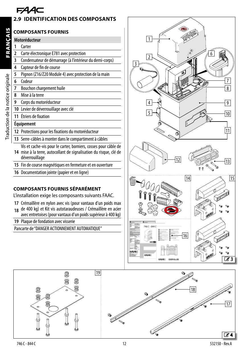 Identification des composants du motoréducteur et de l'équipement
