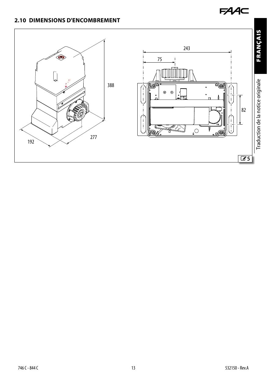 Dimensions d'encombrement du motoréducteur